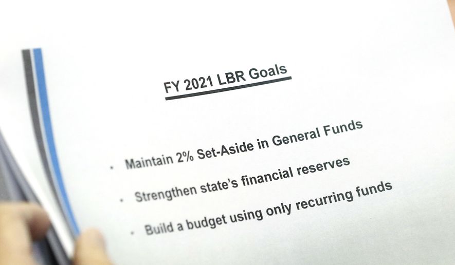 House Speaker Philip Gunn, R-Clinton, reviews a copy of the Joint Legislative Budget Committee FY 2021 Budget Recommendations, during the committee's meeting in Jackson, Miss., Wednesday, Dec. 11, 2019. Committee members reviewed and adopted the fiscal year 2021 Joint Legislative Budget Recommendation which will be submitted for consideration by the Legislature when they meet next year. (AP Photo/Rogelio V. Solis)