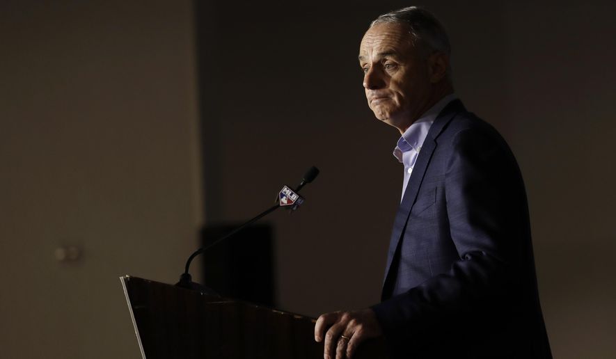 Commissioner Rob Manfred speaks during the Major League Baseball winter meetings Wednesday, Dec. 11, 2019, in San Diego. (AP Photo/Gregory Bull)