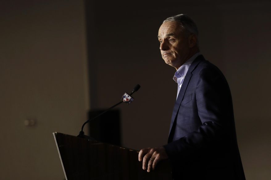 Commissioner Rob Manfred speaks during the Major League Baseball winter meetings Wednesday, Dec. 11, 2019, in San Diego. (AP Photo/Gregory Bull)