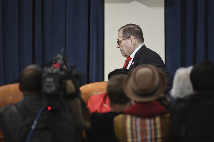 House Judiciary Committee Chairman Rep. Jerry Nadler, D-N.Y., leaves the hearing room during a committee break of the House Judiciary Committee markup of Articles of Impeachment against President Donald Trump, Thursday Dec. 12, 2019 on Capitol Hill in Washington. (Matt McClain/The Washington Post via AP, Pool)