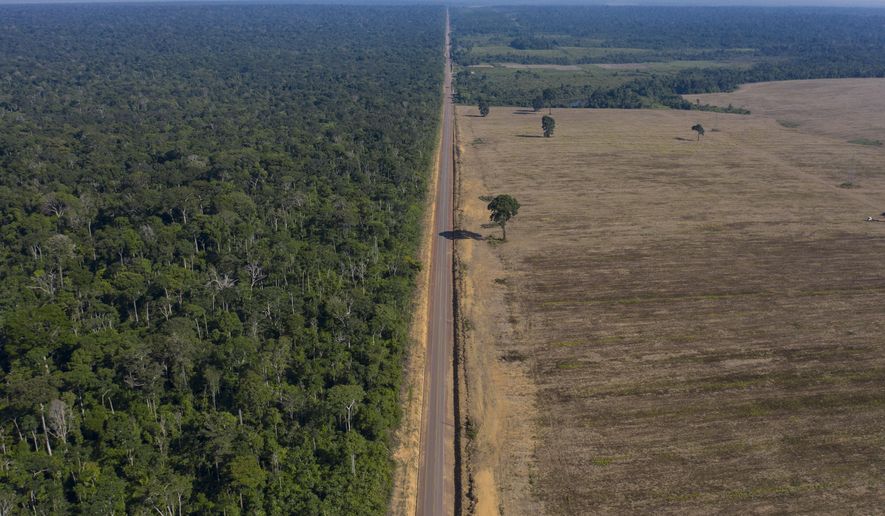 In this Nov. 25, 2019 photo, highway BR-163 stretches between the Tapajos National Forest, left, and a soy field in Belterra, Para state, Brazil. Carved through jungle during Brazil’s military dictatorship in the 1970s, this highway and BR-230, known as the Trans-Amazon, were built to bend nature to man’s will in the vast hinterland. Four decades later, there’s development taking shape, but also worsening deforestation. (AP Photo/Leo Correa)