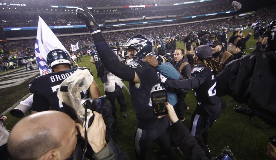Philadelphia Eagles' Zach Ertz (86) celebrates after scoring the game-winning touchdown during overtime of an NFL football game against the New York Giants, Monday, Dec. 9, 2019, in Philadelphia. (AP Photo/Matt Rourke)