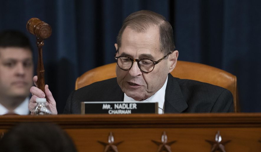 House Judiciary Committee Chairman Rep. Jerrold Nadler, D-N.Y., gavels a recess of a House Judiciary Committee markup of the articles of impeachment against President Donald Trump and announces the committee will reconvene on Friday for votes, on Capitol Hill, Thursday, Dec. 12, 2019, in Washington. (AP Photo/Alex Brandon)