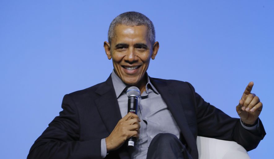 Former U.S. President Barack Obama gesture as he attends the &amp;quot;values-based leadership&amp;quot; during a plenary session of the Gathering of Rising Leaders in the Asia Pacific, organized by the Obama Foundation in Kuala Lumpur, Malaysia, Friday, Dec. 13, 2019. (AP Photo/Vincent Thian) ** FILE **