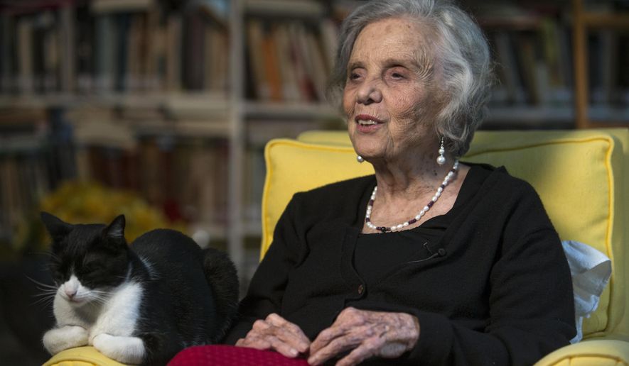 FILE - In this Sept. 24, 2015 file photo, Mexican writer Elena Poniatowska speaks during a interview at her home in Mexico City. Poniatowska is standing by her claim that she was sexually abused in 1954 by an older colleague, now deceased novelist Juan Jose Arreola. (AP Photo/Christian Palma, File)
