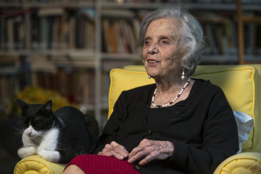 FILE - In this Sept. 24, 2015 file photo, Mexican writer Elena Poniatowska speaks during a interview at her home in Mexico City. Poniatowska is standing by her claim that she was sexually abused in 1954 by an older colleague, now deceased novelist Juan Jose Arreola. (AP Photo/Christian Palma, File)