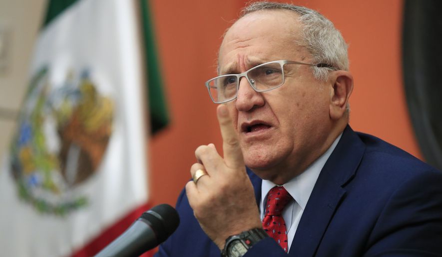 Mexico Undersecretary for North America in Mexico's Ministry of Foreign Affair's Jesus Seade speaks during a news conference at the Mexican Embassy in Washington, Thursday, April 4, 2019. (AP Photo/Manuel Balce Ceneta)