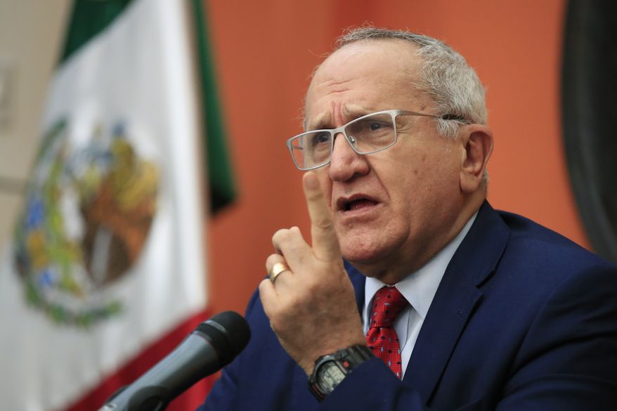 Mexico Undersecretary for North America in Mexico&#x27;s Ministry of Foreign Affair&#x27;s Jesus Seade speaks during a news conference at the Mexican Embassy in Washington, Thursday, April 4, 2019. (AP Photo/Manuel Balce Ceneta)
