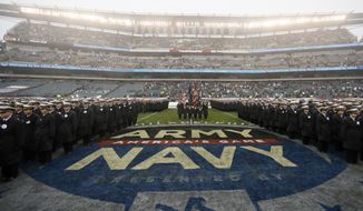 Navy midshipmen march before an NCAA college football game against Army, Saturday, Dec. 14, 2019, in Philadelphia. (AP Photo/Matt Slocum)  **FILE**