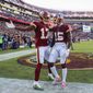 Washington Redskins wide receiver Steven Sims (15) celebrates his touchdown with teammate wide receiver Terry McLaurin (17) in the first half of an NFL football game against the Philadelphia Eagles, Sunday, Dec. 15, 2019, in Landover, Md. (AP Photo/Patrick Semansky)