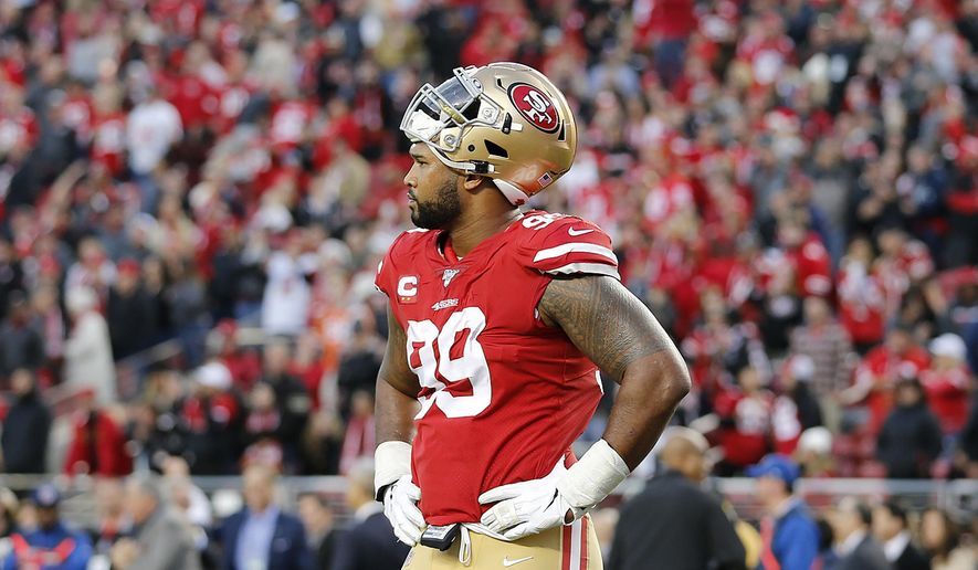 San Francisco 49ers defensive tackle DeForest Buckner (99) reacts during the second half of an NFL football game against the Atlanta Falcons in Santa Clara, Calif., Sunday, Dec. 15, 2019. (AP Photo/Josie Lepe)