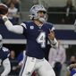 Dallas Cowboys quarterback Dak Prescott (4) throws in the first quarter of an NFL football game against the Los Angeles Rams in Arlington, Texas, Sunday, Dec. 15, 2019. (AP Photo/Michael Ainsworth) ** FILE **