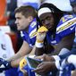 Los Angeles Chargers running back Melvin Gordon looks on from the sideline during the second half of an NFL football game against the Minnesota Vikings, Sunday, Dec. 15, 2019, in Carson, Calif. (AP Photo/Kelvin Kuo)