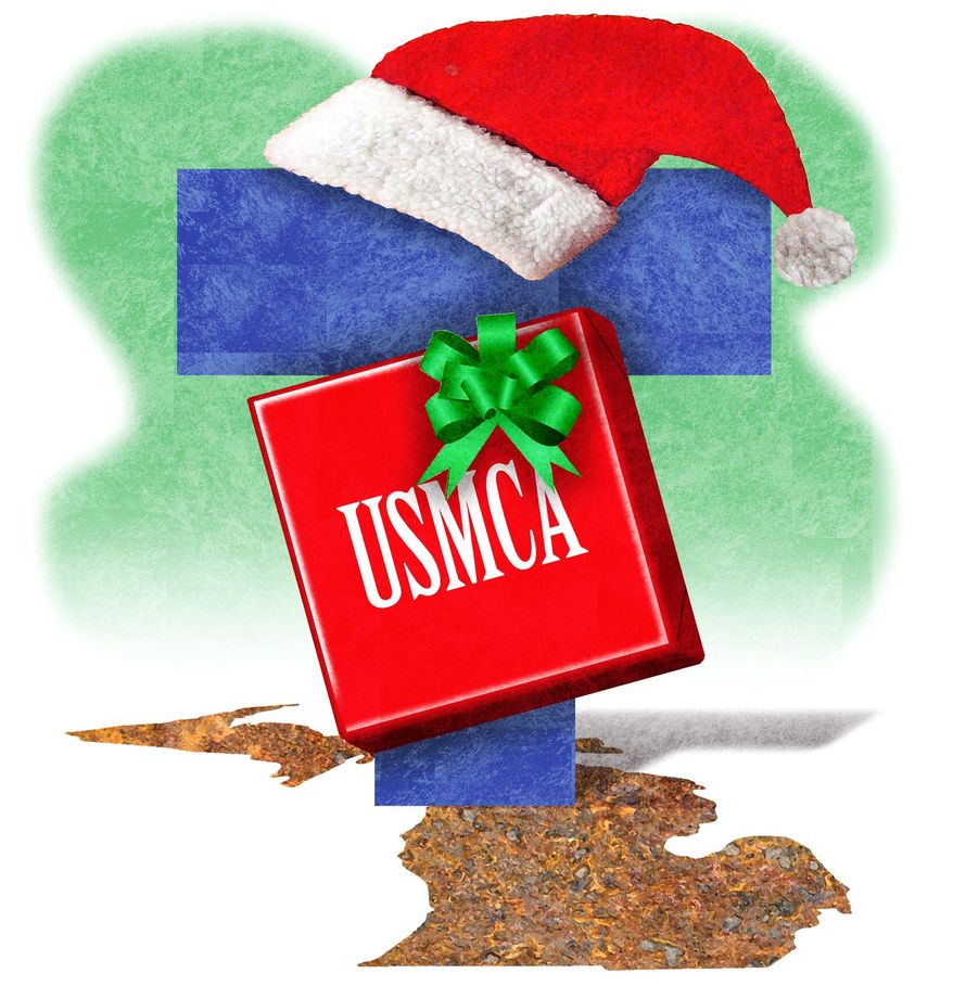 Illustration on Trump and the USMCA by Alexander Hunter/The Washington Times