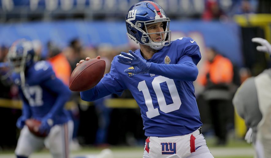 New York Giants quarterback Eli Manning (10) warms up before an NFL football game against the Miami Dolphins, Sunday, Dec. 15, 2019, in East Rutherford, N.J. (AP Photo/Seth Wenig)