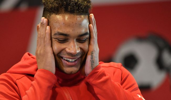 In this Wednesday, Dec. 4, 2019 photo US national goal keeper Zack Steffen, playing for the German Bundesliga soccer club Fortuna Duesseldorf, gestures during an interview with the Associated Press at the Stadium in Duesseldorf, Germany. (AP Photo/Martin Meissner) **FILE**