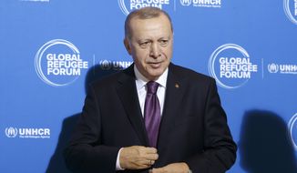 Turkey&#39;s President Recep Tayyip Erdogan arrives for the UNHCR - Global Refugee Forum at the European headquarters of the United Nations in Geneva, Switzerland, Tuesday, Dec. 17, 2019. (Salvatore Di Nolfi/Keystone via AP)