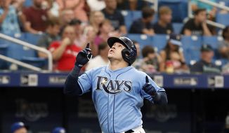 FILE - In this Sept. 8, 2019, file photo, Tampa Bay Rays&#39; Avisail Garcia reacts after hitting a home run against the Toronto Blue Jays during the seventh inning of a baseball game, in St. Petersburg, Fla. García&#39;s $20 million, two-year contract with the Milwaukee Brewers was finalized Tuesday, Dec. 17, 2019, a deal that includes a 2022 club option and could be worth $30 million over three years.(AP Photo/Scott Audette, File)