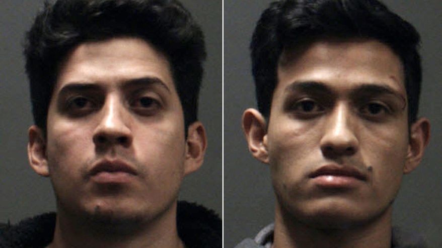 This undated booking photo provided by the Chino Police Department shows two brothers, Rony Castaneda Ramirez, left, and Josue Castaneda Ramirez who were arrested after allegedly fatally beating a man Sunday, Dec. 15, 2019 at the reception of his wedding in Chino, Calif. The Southern California man was fatally beaten after his weekend wedding and the two brothers who crashed the reception were arrested, authorities said. (Chino Police Department via AP)