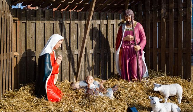 This Dec. 10, 2019, photo shows a relocated Nativity scene in Centerville, Iowa. Many residents of the small southern Iowa city have been angered by a decision to move a nativity scene from the courthouse lawn to outside a nearby church. (Kyle Ocker/The Daily Iowegian via AP) ** FILE **