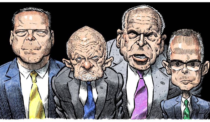 Illustration on former intelligence chiefs Brennan, Clapper, Comey and McCabe by Alexander Hunter/The Washington Times