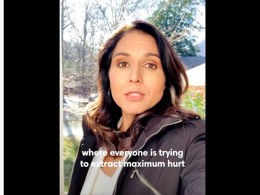 Rep. Tulsi Gabbard  discusses her &quot;present&quot; vote on impeachment against President Trump. The Hawaii Democrat says politicians have mired the nation in &quot;zero-sum&quot; politics where the aim to to cause &quot;maximum hurt&quot; to political opponents, Dec. 19, 2019. (Image: Twitter, Tulsi Gabbard video screenshot)