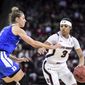 South Carolina guard Destanni Henderson, right, is defended by Duke guard Miela Goodchild during the first half of an NCAA college basketball game Thursday, Dec. 19, 2019, in Columbia, S.C. (AP Photo/Sean Rayford)