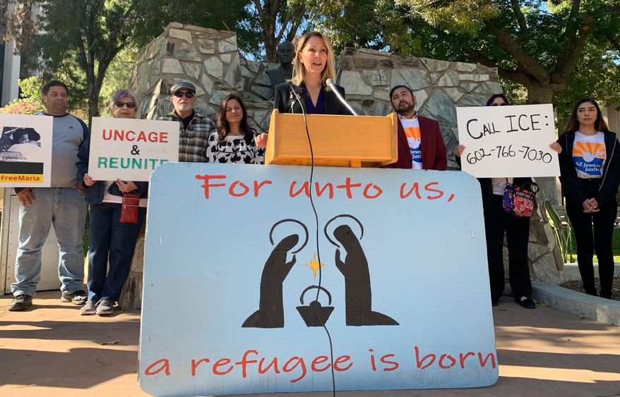 Arizona State Rep. Kelli Butler speaks at a media conference on Thursday, Dec. 19, 2019 in Phoenix, AZ. Butler spoke about 23-year-old Maria, a Guatemalan woman seeking asylum who was separated from her 6-year-old niece, who she has raised as her own. Democrats and community advocates are calling on Immigration and Customs Enforcement to release the woman so she could be reunited with her niece, who is a in shelter in New York. (AP Photo/Astrid Galvan)
