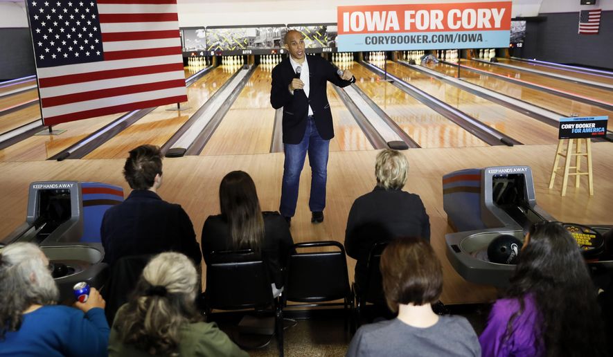 Democratic presidential candidate Sen. Cory Booker, D-N.J., speaks during a meet and greet at the Adel Family Fun Center, Friday, Dec. 20, 2019, in Adel, Iowa. (AP Photo/Charlie Neibergall)