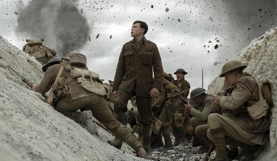 Number 15: 1917 |
This image released by Universal Pictures shows George MacKay, center, in a scene from the 2019 film  &amp;quot;1917,&amp;quot; directed by Sam Mendes. (François Duhamel/Universal Pictures via AP)