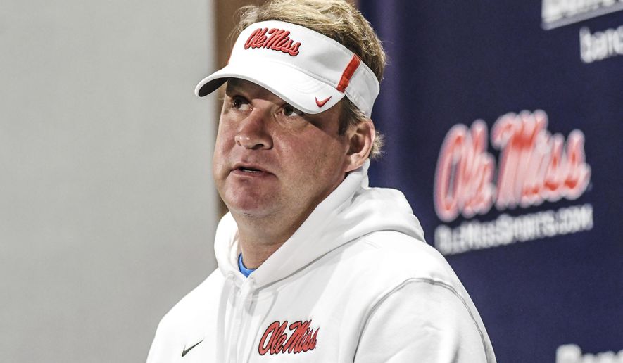 Mississippi head coach Lane Kiffin discusses the team's signing class during a press conference at the Manning Center, in Oxford, Miss. on Wednesday, Dec. 18, 2019. (Bruce Newman/The Oxford Eagle via AP)