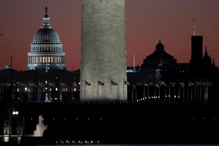 The U.S. Capitol building, is seen next to the bottom portion of the Washington monument, center, before sunrise on Capitol Hill in Washington, Thursday, Dec. 19, 2019, a day after the U.S. House voted to impeach President Donald Trump on two charges, abuse of power and obstructing Congress. (AP Photo/Julio Cortez)