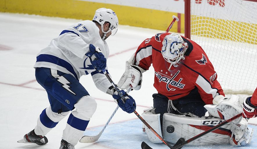 Washington Capitals goaltender Braden Holtby (70) stops the puck next to Tampa Bay Lightning left wing Alex Killorn (17) during the third period of an NHL hockey game, Saturday, Dec. 21, 2019, in Washington. (AP Photo/Nick Wass) ** FILE **