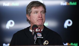 Washington Redskins interim head coach Bill Callahan talks to reporters after an NFL football game against the New York Giants, Sunday, Dec. 22, 2019, in Landover, Md. The Giants won 41-35 in overtime. (AP Photo/Alex Brandon)