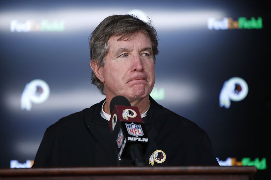 Washington Redskins interim head coach Bill Callahan talks to reporters after an NFL football game against the New York Giants, Sunday, Dec. 22, 2019, in Landover, Md. The Giants won 41-35 in overtime. (AP Photo/Alex Brandon)