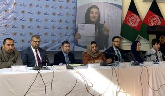 Hawa Alam Nuristani, center, chief of Election Commission of Afghanistan, speaks during a press conference in Kabul, Afghanistan, Sunday, Dec. 22, 2019. The election commission is to announce the results of the Sept. 28 election Sunday. (AP Photo/Rahmat Gul)