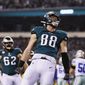 Philadelphia Eagles&#39; Dallas Goedert celebrates after scoring a touchdown during the first half of an NFL football game against the Dallas Cowboys Sunday, Dec. 22, 2019, in Philadelphia. (AP Photo/Michael Perez)