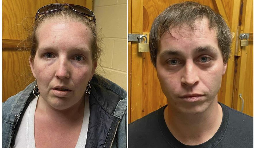 This combination of Saturday, Dec. 21, 2019 booking photos provided by the Maine State Police shows Desirae Cushman, left, and Jacob Moulton, who were arrested in Belmont, Maine after they were found smoking crack while a 1-year-old child was inside their vehicle. (Maine State Police via AP)