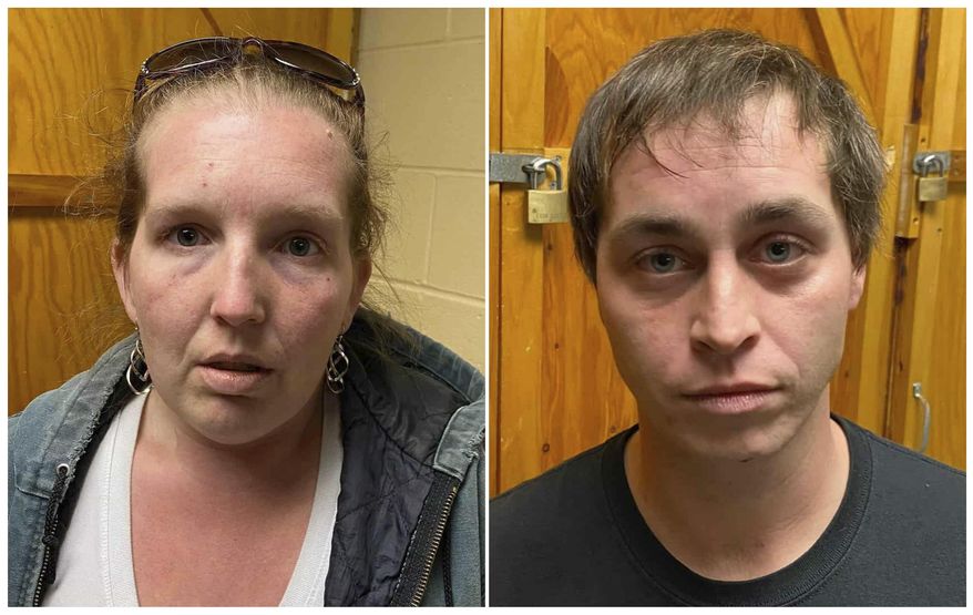 This combination of Saturday, Dec. 21, 2019 booking photos provided by the Maine State Police shows Desirae Cushman, left, and Jacob Moulton, who were arrested in Belmont, Maine after they were found smoking crack while a 1-year-old child was inside their vehicle. (Maine State Police via AP)