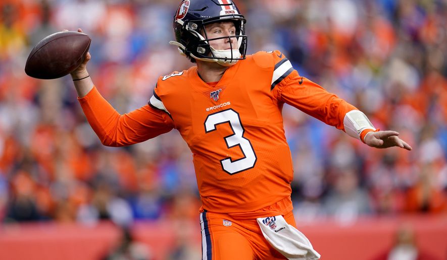 Denver Broncos quarterback Drew Lock (3) throws against the Detroit Lions during the first half of an NFL football game, Sunday, Dec. 22, 2019, in Denver. (AP Photo/Jack Dempsey)