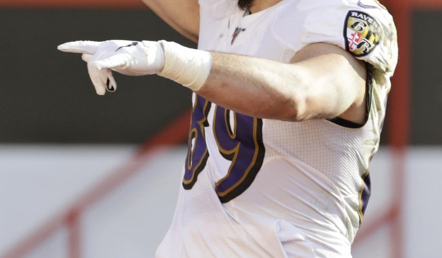 Baltimore Ravens tight end Mark Andrews (89) celebrates after a 39-yard touchdown during the first half of an NFL football game against the Cleveland Browns, Sunday, Dec. 22, 2019, in Cleveland. (AP Photo/Ron Schwane)