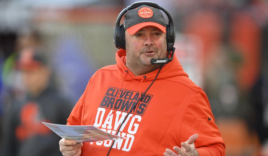 Cleveland Browns head coach Freddie Kitchens gestures during the second half of an NFL football game against the Baltimore Ravens, Sunday, Dec. 22, 2019, in Cleveland. (AP Photo/David Richard)