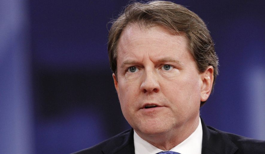 In this Feb. 22, 2018, file photo White House counsel Don McGahn speaks at the Conservative Political Action Conference (CPAC), at National Harbor, Md. The House Judiciary Committee is holding open the possibility of recommending additional articles of impeachment against President Donald Trump. It says that will depend on the testimony of former White House counsel Don McGahn. (AP Photo/Jacquelyn Martin, File)  **FILE**