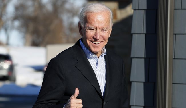 In this Dec. 2, 2019, file photo, Democratic presidential candidate former Vice President Joe Biden arrives at a stop on his bus tour, in Emmetsburg, Iowa. Joe Biden’s presidential bid got a boost Monday from one of the leading Latinos in Congress, with the chairman of the Hispanic Caucus&#x27; political arm endorsing the former vice president as Democrats’ best hope to defeat President Donald Trump. (AP Photo/Charlie Neibergall, File)