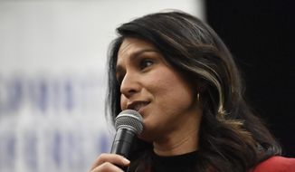 Then-Democratic presidential candidate U.S. Rep. Tulsi Gabbard, D-Hawaii speaks to Democrats gathered at the Spratt Issues Conference in Greenville, S.C., Saturday, Dec. 14, 2019. (AP Photo/Meg Kinnard) ** FILE **