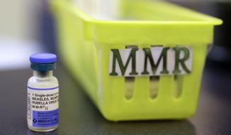 This Feb. 6, 2015, file photo shows a Measles, Mumps and Rubella, M-M-R vaccine on a countertop at a pediatrics clinic in Greenbrae, Calif. On Feb. 5, 2020, the Louisiana State University (LSU) confirmed there was an outbreak of mumps on the school&#39;s campus. (AP Photo/Eric Risberg, File) **FILE**