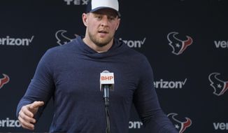 Houston Texans J.J. Watt speaks during a press conference on Tuesday, Dec. 24, 2019, in Houston. Watt will return to practice with the Houston Texans on Tuesday, clearing the way for the star defensive end to play in the team&#39;s playoff game in two weeks. (Yi-Chin Lee/Houston Chronicle via AP)