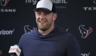 Houston Texans J.J. Watt speaks during a press conference on Tuesday, Dec. 24, 2019, in Houston. Watt will return to practice with the Houston Texans on Tuesday, clearing the way for the star defensive end to play in the team&#39;s playoff game in two weeks. (Yi-Chin Lee/Houston Chronicle via AP)