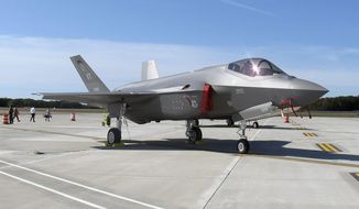 In this Sept. 19, 2019, file photo, an F-35 fighter jet arrives at the Vermont Air National Guard base in South Burlington, Vt. (AP Photo/Wilson Ring, File) ** FILE **