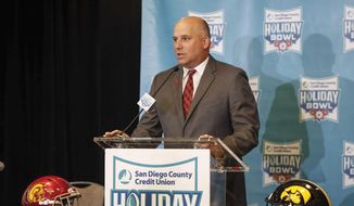 Southern California head football coach Clay Helton speaks to members of the media about the 2019 Holiday Bowl during a press conference on Thursday, Dec. 26, 2019, in San Diego, Calif. (Bryon Houlgrave/The Des Moines Register via AP)